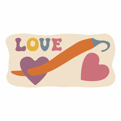 Aesthetics of the seventies, fun groovy sticker. Love. Chili peper and hearts. Retro design, muted colors. Vector illustration.