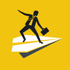 Fototapeta na wymiar Aspirational business black silhouette icon. Leadership, concept of vision, mission ambitions. Path to success. Man with briefcase in hand flies on paper plane. Vector illustration flat design.
