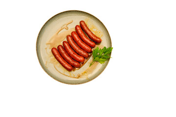 Grilled sausages for grilling in a pan. Isolated on white background