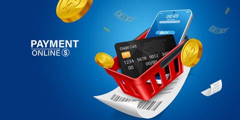 shopping basket Red on product bill. Smartphone with purchase icon on screen. Credit card payment on smartphone. Online shopping via mobile phone.shopping cart for online shopping concept,vector 3d © pixelplus