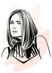 Vector drawing, graphic portrait of a beautiful girl. Facial expressions, people positive emotions, gentle lady. Hand drawing digital vector. Illustration.