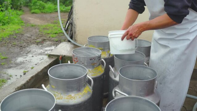 Worker cleaning milk buckets in food factory with pasteurization tank. Dairy products. Milkmaid