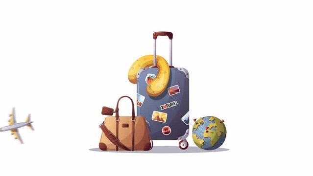 Suitcase, travel pillow, bag, airplane and globe. Travel, tourism, adventure, journey concept. Animation video.