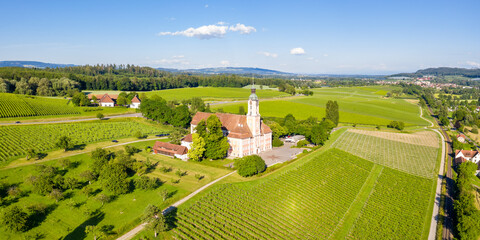 Cistercians monastery Birnau at Lake Constance aerial view panorama baroque pilgrimage church in Germany - obrazy, fototapety, plakaty