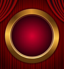 Vector illustration of round golden frame on dark red background with curtain