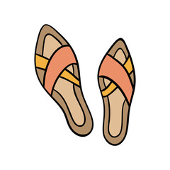 Women's summer flip-flops. Cute beach shoes. Simple icon in boho style. Item for a trip. Object for sea vacation. Element for seasonal design. Clipart for stickers, packaging, postcards.
