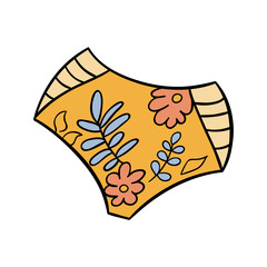 Beautiful women's bikini briefs. Cute summer swimsuit with floral print. An essential item for a beach holiday. Simple icon in boho style. Element for the design of stickers, packaging, posters, signs