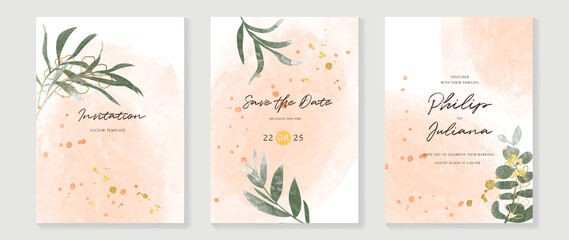 Luxury botanical wedding invitation card template. Watercolor card with gold line art, eucalyptus, leaves branches, foliage. Elegant blossom vector design suitable for banner, cover, invitation. 