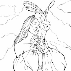 Young girl holding an owl. Coloring page for adults and children