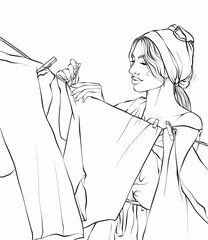 Young woman hanging wet clothes out to dry. Coloring page for adults and children