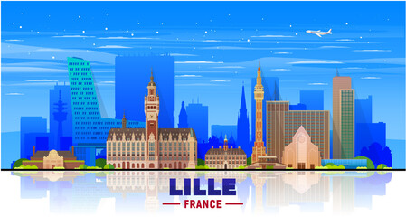 Lille ( France ) city skyline at sky background. Flat vector illustration with most famous buildings. Business travel and tourism concept with modern buildings. Image for banner or web site.