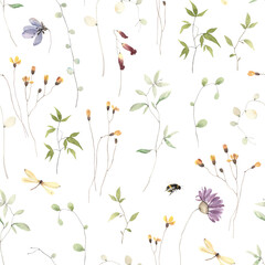 Delicate floral seamless pattern with abstract wildflowers, green branches, flying dragonflies and bumblebee, watercolor garden illustration on white background, print for wallpapers, textile, cover. - 514379942