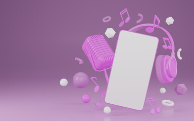 3d rendering of mobile phone scene, pink microphone and headphones, mockup concept for music app on app, web and desktop