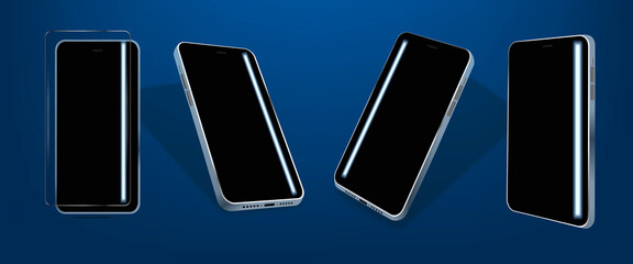 Mobile phone tilted from four sides on a blue background. Smartphone with black glass and glare on the screen. Realistic modern phone presentation