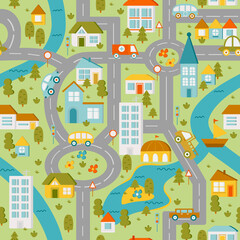 Color map town. Children's game board. Flat vector seamless pattern.