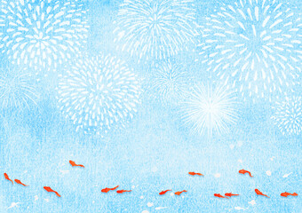 赤い金魚と打ち上げ花火みたいな水紋背景　青い和紙