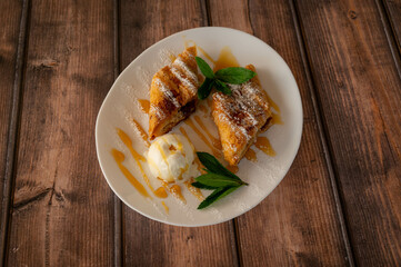 Baked dessert with ice cream