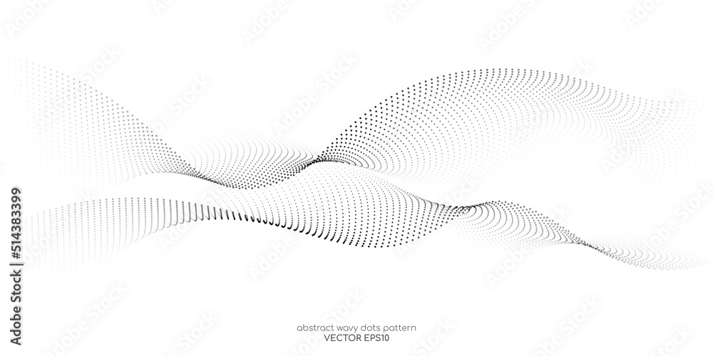 Poster Flowing dots particles wave pattern halftone gradient curve shape isolated on white background. Vector in concept of technology, science, music, modern.