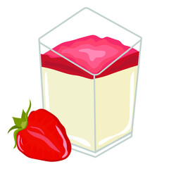 Glass with delicious strawberry panna cotta on white background