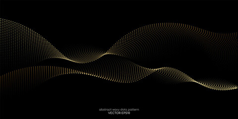 Flowing dots particles wave pattern gold light isolated on black background. Vector in concept of technology, science, music, modern.