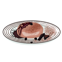 Plate with delicious chocolate panna cotta on white background