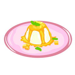 Plate with delicious fruit panna cotta on white background