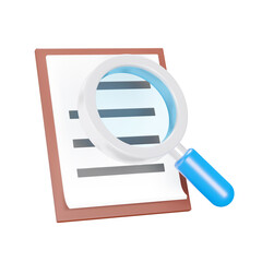 text pad and a magnifier 3d icon. Checking the list. Searching for text. Isolated object on a transparent background