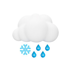 Rain and snow 3d icon. Cloud, Water Drop and Snowflake. Isolated object on a transparent background
