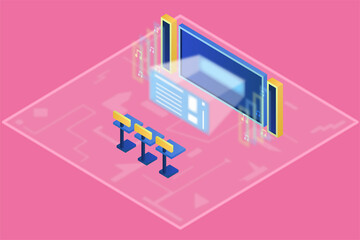 Isometric vector illustration of display with glowing hologram. Speakers with outgoing sound on the sides. Sound waves. Virtual reality. Future.