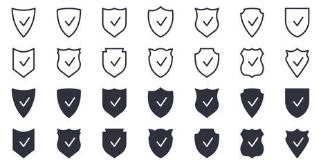 Shield Line and Silhouette Icon Set. Sign of Safety, Defence, Safe Pictogram. Guard Defense Emblem Collection Icon. Antivirus Protect Badge with Check Mark. Isolated Vector Illustration