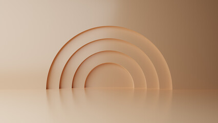 Obraz premium Abstract minimal empty podium with circle details on the wall. Empty room concept with half semi circle on natural lighting. Rendering 3d shape, product display presentation. Futuristic wall scene.