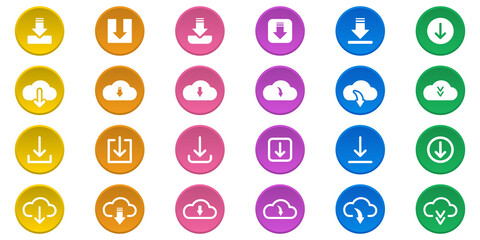 Download Button Line and Silhouette Icon Set. Download Color Web App, File, Video, Document Pictogram. Cloud, Circle, Arrow Down Upload Concept Symbol. Isolated Vector Illustration