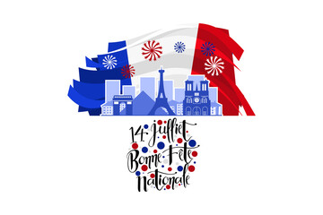 Translation: July 14, Happy National Day. Happy Bastille Day vector illustration. Suitable for greeting card, poster and banner.
