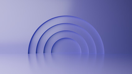 Obraz premium Abstract minimal empty podium with circle details on the wall. Empty room concept with half semi circle on natural lighting. Rendering 3d shape, product display presentation. Futuristic wall scene.