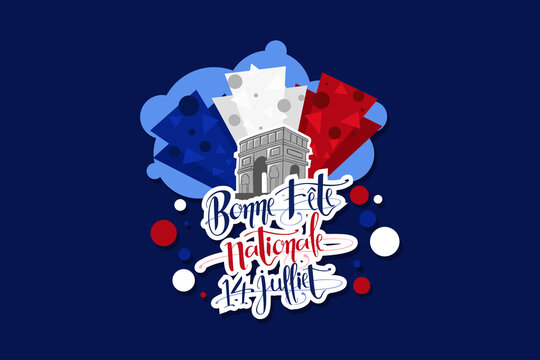 Translation: July 14, Happy National Day. Happy Bastille Day vector illustration. Suitable for greeting card, poster and banner.