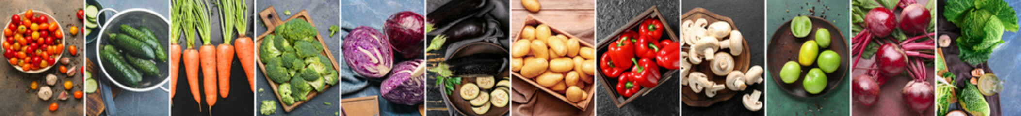 Collage of healthy fresh vegetables and mushrooms on dark background, top view