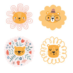 Obraz premium Cute lions with floral. Modern vector illustration