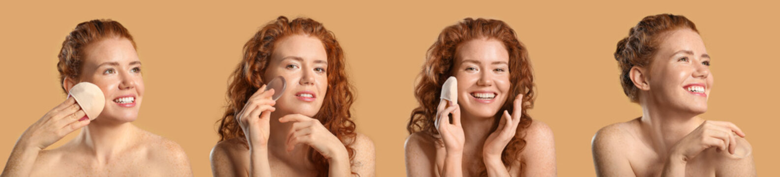 Set of beautiful young redhead woman with makeup sponges on beige background
