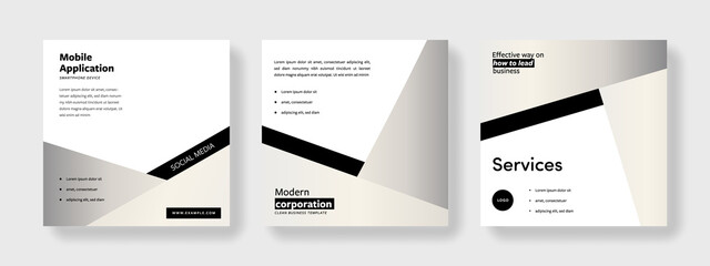 Set of monochrome editable social media set layouts, diagonal shapes with white gradient color, square business graphic templates for instagram and facebook, elegant design with minimalistic style	