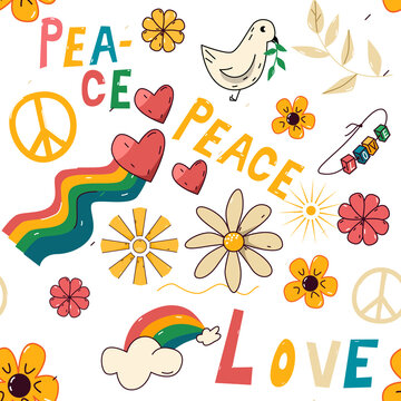 Seamless pattern in hippie style, peace, love in handwritten cartoon style. Vector illustration, elements on a white background.