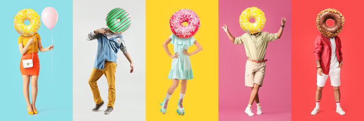 Many people with tasty donuts instead of their heads on colorful background
