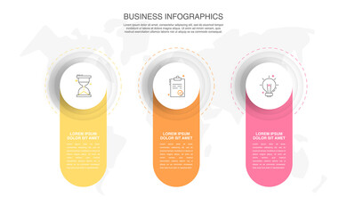 Modern vector infographics design template. Concept with three steps, labels. Creative timeline with graph elements, percentage circles and icons. Performance analysis in percent