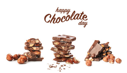 Sweet chocolate with nuts on white background