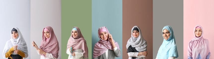 Set of beautiful Arab women on colorful background