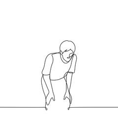 man crouched a little and looks down with his hands on his knees - one line drawing vector. concept to look down, to be afraid of heights, a deep hole, a metaphor for moral fall