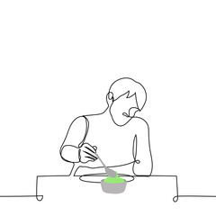man with a spoon reaches for a plate with green sauce - one line drawing vector. concept of guacamole, pesto sauce, green chutney sauce or chimichurri sauce
