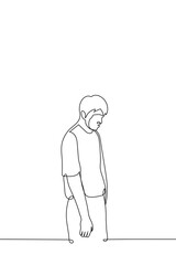 man standing with slumped shoulders and frustrated - one line drawing vector. concept confused, tired, indecisive, devastated, sad, depressive