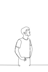 man stands with hands on hips and watches something with his mouth open - one line drawing vector. concept of observation, do not take your eyes off the target, hold attention, peer into the distance