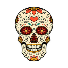 Illustration of mexican sugar skull. Design element for emblem, sign, poster, package design. Vector illustration