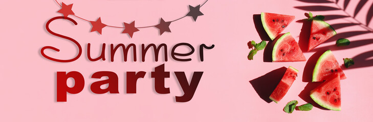 Advertisement banner for summer party with slices of ripe watermelon